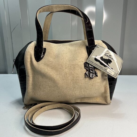 Pantera Handbags - Pantera International Corp Bowling Tote Bag Shoulder Beige Canvas Brown Leather